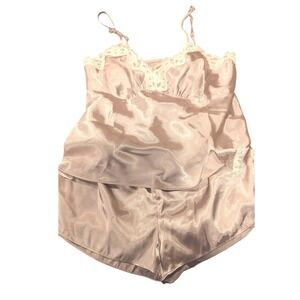 Gilligan & OMalley Sleepwear Satin Lace Pajama Set Shorts Camisole Tan S